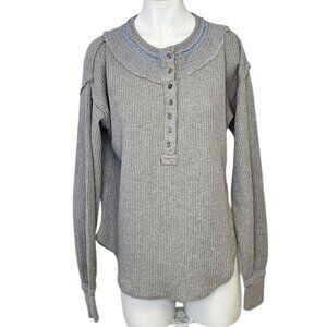 Free People We The Free Holly Henley Tunic Thermal Top, Embroidered, Grey, XS